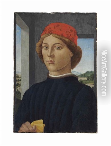 Portrait Of A Young Man In A Red Cap And Blue Tunic Oil Painting - Biagio D'Antonio