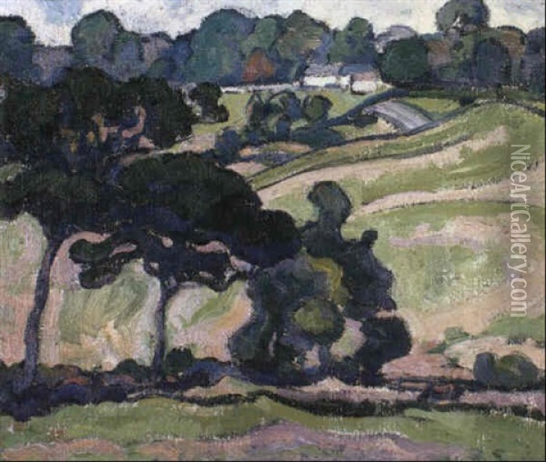 Landscape At Applehayes, Clayhidon, Somerset Oil Painting - Robert Polhill Bevan
