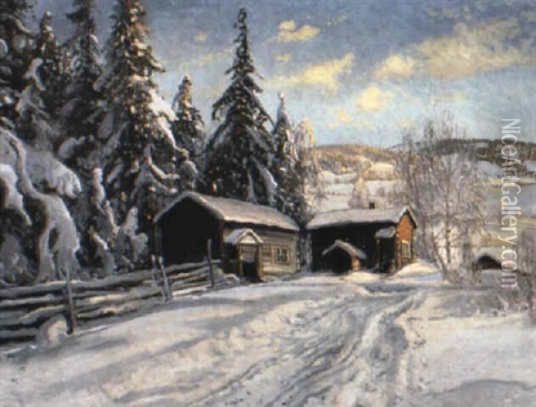 Solig Vinterdag Vid Skogstorpet Oil Painting - Carl Brandt