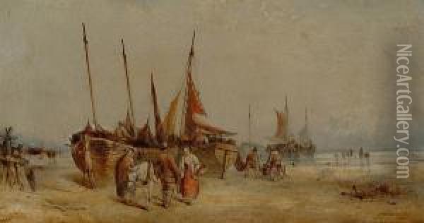 'fisherfolk And Their Boats On A Beach At Low Tide' And 'unloading The Catch' Oil Painting - George D. Callow