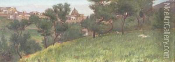 Landscape With A Hilltop Village Oil Painting - Angelo Della Mura