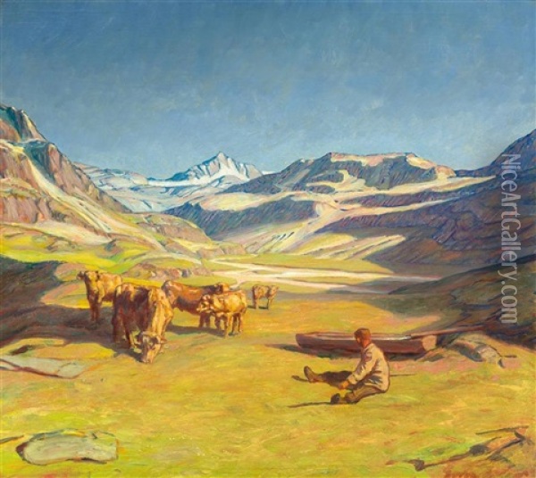 Sunny Summer Day In The Alps Oil Painting - Erich Erler-Samedan