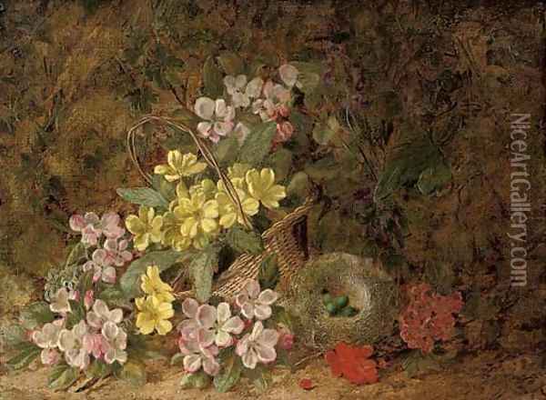 Hawthorn blossom, primroses and a bird's nest on a mossy bank Oil Painting - George Clare