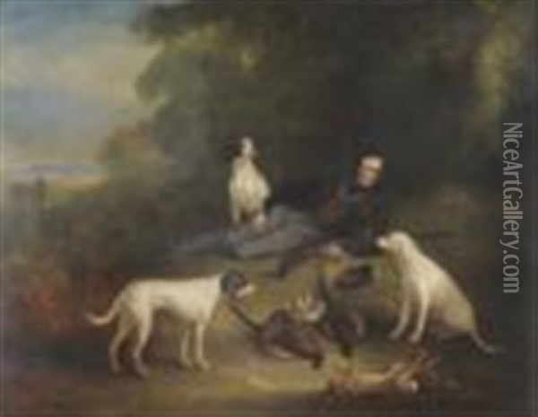 E H Reynard Esq With His Shotgun And Sporting Dogs In A Landscape Oil Painting - John E. Ferneley
