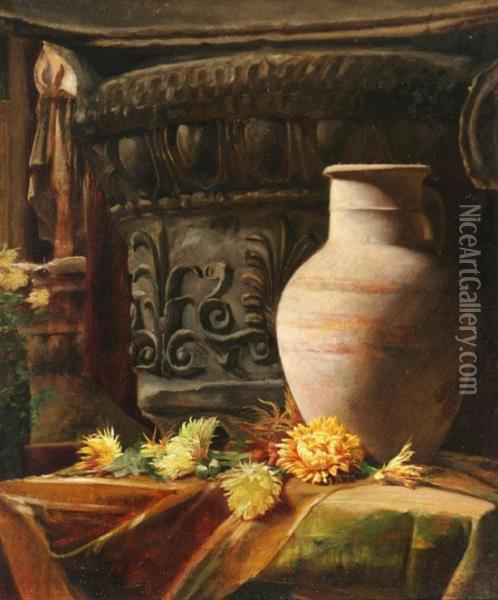 Still Life With Urn, Vase And Flowers Oil Painting - Ellen Ladell