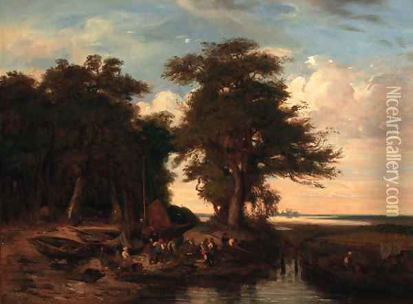 Fishermen on the bank of a river in a wooded landscape Oil Painting - John Berney Crome