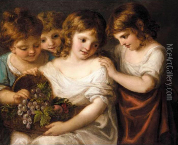 Four Children With A Basket Of Fruit Oil Painting - Angelica Kauffmann