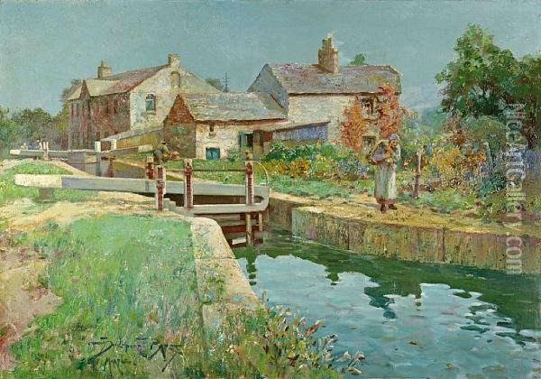 A River Town Oil Painting - Frederick Davenport Bates