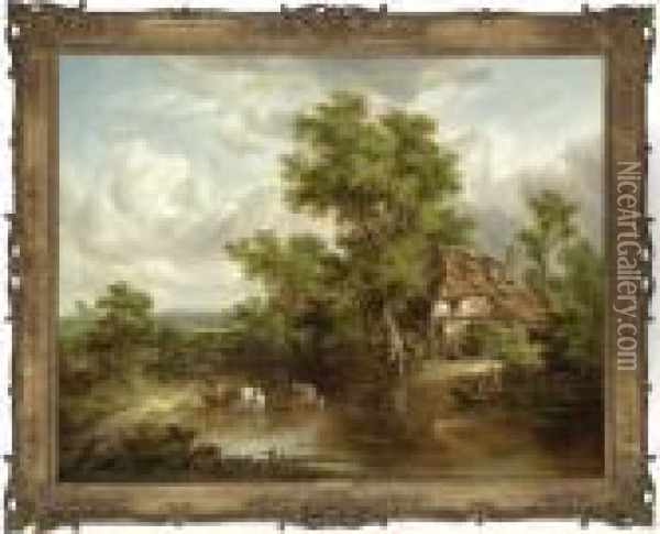 A Cottage With Figures And Livestock By A River, Surrey Oil Painting - Richard Hilder
