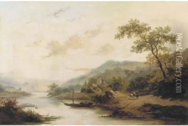 Ferry Crossing In A Hilly Landscape Oil Painting - Frederik Marianus Kruseman