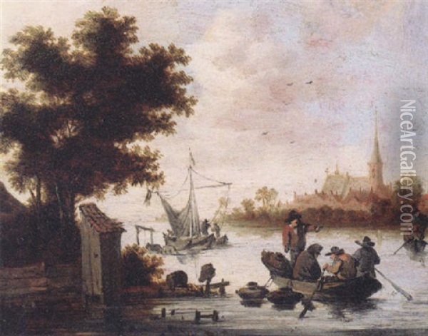 Fishermen Laying Lobster Pots From A Rowing Boat On A River, Shipping And A Village Beyond, At Sunset Oil Painting - Salomon van Ruysdael