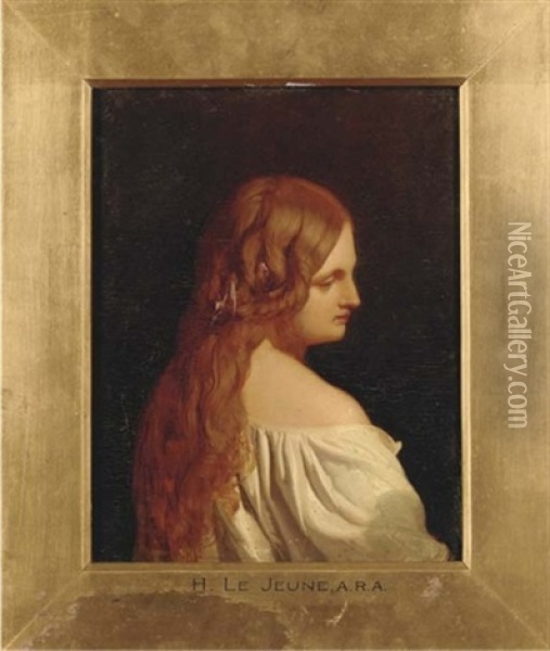 Portrait Of A Young Lady With Long Auburn Hair In A White Robe Oil Painting - Henry Lejeune