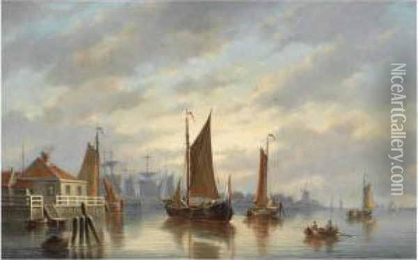 A Dutch Harbour At Sunset Oil Painting - Johannes Hilverdink
