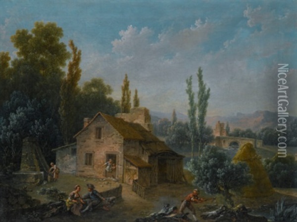 River Landscape With A Farm, With Figures Drawing Water And Chopping Wood Oil Painting - Nicolas-Jacques Juliard