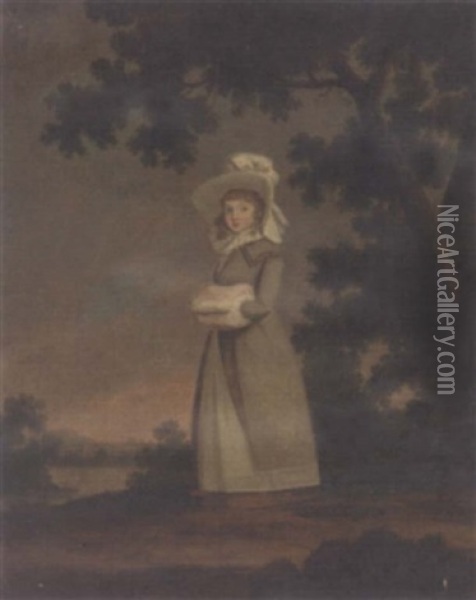 Portrait Of A Young Lady In A Bonnet And Olive Dress With A Hand-warmer, In An Extensive Landscape With A Lake And Manor Beyond Oil Painting - Lewis (of Bath) Vaslet