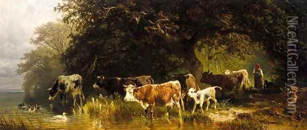 Driving the Herd to Water (Kuhe von einem Madchen zum Wasser Getrieben) Oil Painting - Friedrich Johann Voltz