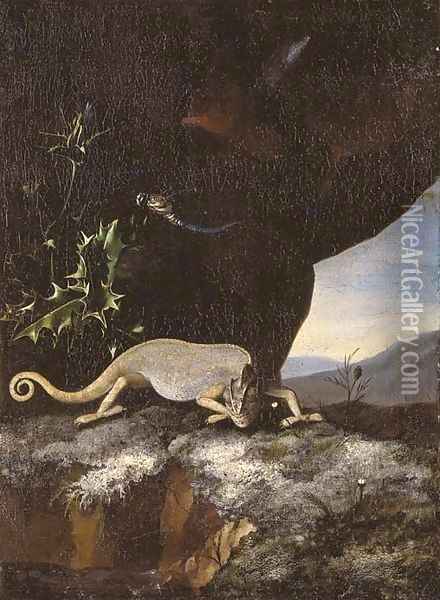 A chameleon with a dragonfly on a thistle, in a landscape Oil Painting - Willem Van Aelst