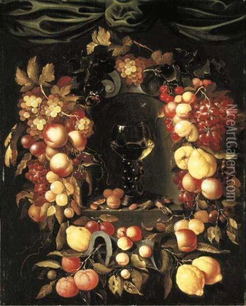 A Roemer With Walnuts And Almonds In A Niche Surrounded By Agarland Of Lemons, Peaches, Apricots, Oranges Oil Painting - Johannes Borman