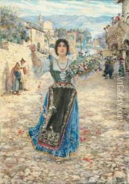 Jeune Femme Jettant Des Fleurs A
 L'occasion De La Fete De La Vierge Dans Les Alpes Italiennes Oil Painting - Augusto Corelli