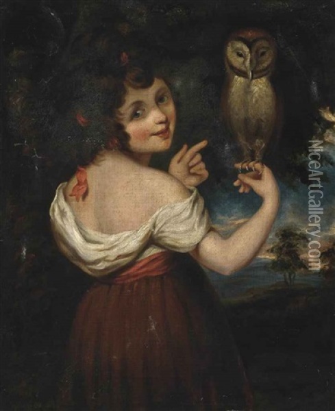 A Girl, Possibly Athena, In A White Chemise And Red Dress Holding An Owl, In A Landscape Oil Painting - John Opie