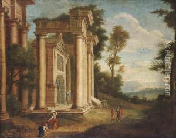 A Classical Italianate Landscape With Figures Before Ruins Oil Painting - Adriaen Van Diest