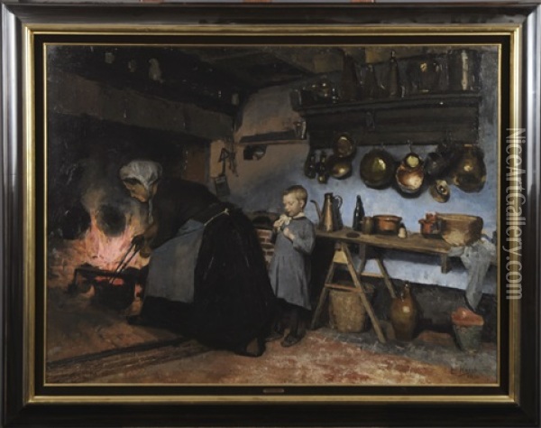 Interieur A La Cheminee Oil Painting - Leopold Haeck