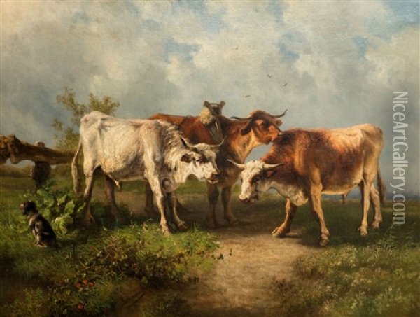 Cows Oil Painting - Ildephonse Stocquart