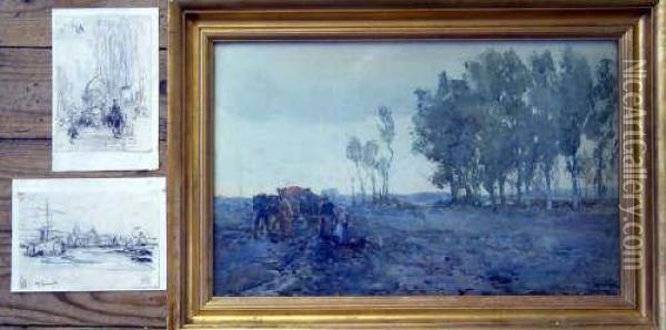 'outdoor Work' Signed And Dated 
1898, 12 X 19in. And Two Drawings; Off Greenwich & St Pauls Oil Painting - George Charles Haite