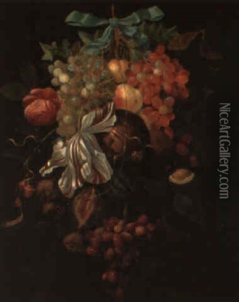 Fruits Et Fleurs Assembles Et Tenus Par Un Ruban Oil Painting - Cornelis De Heem