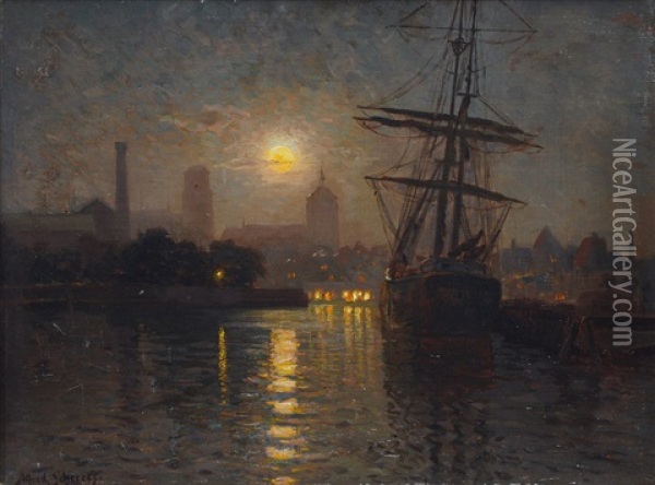 The Harbour Of Danzig At The Full Moon Oil Painting - Alfred Scherres
