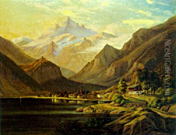 A Town By A Lake In An Alpine Landscape Oil Painting - Frederik Christian Jacobsen Kiaerskou