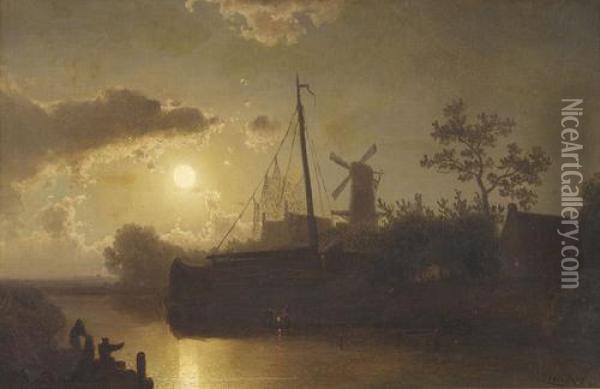 Hollandische Kanalpartie Im Mondlicht Oil Painting - Felix Kreutzer
