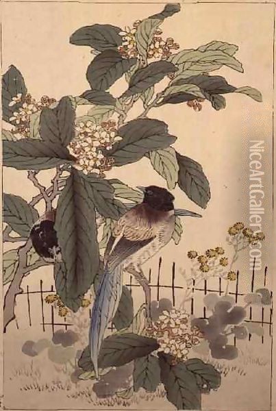 Blue tailed birds among the blossom from Bunrei Kacho Gafu Oil Painting - Kono Bairei