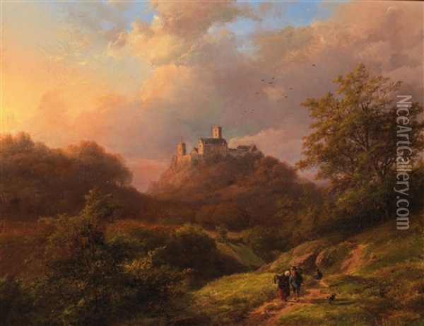 Open Landscape With Walkers And A Castle In The Background Oil Painting - Johann Bernard Klombeck