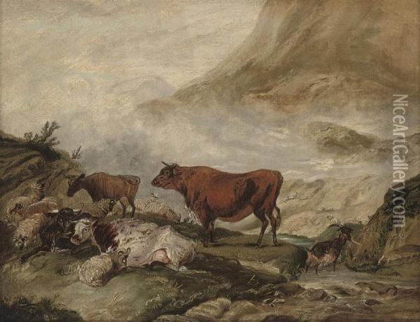 Cattle And Sheep In The Highlands Oil Painting - James Ward