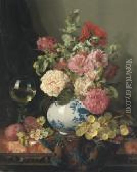 Mixed Flowers In A Chinese Vase With Grapes And A Wine Roemer Oil Painting - Edward Ladell