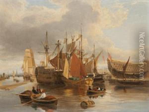 Ship Building At Greenwich Oil Painting - George Vincent