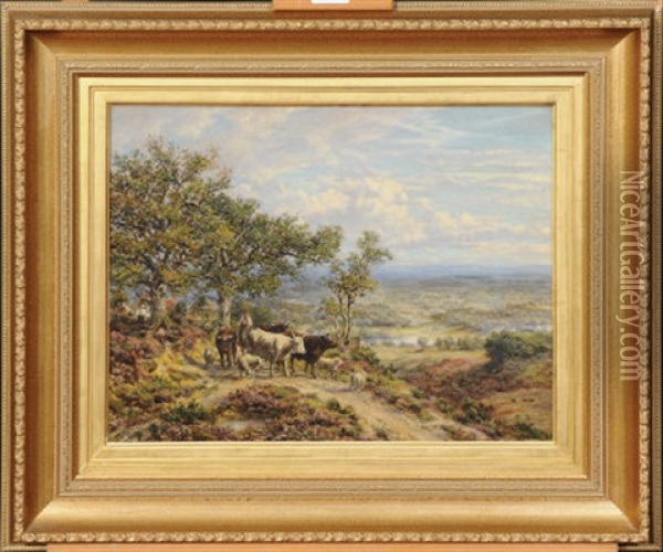 A Farmer Driving Cattle And Sheep Oil Painting - George William Mote