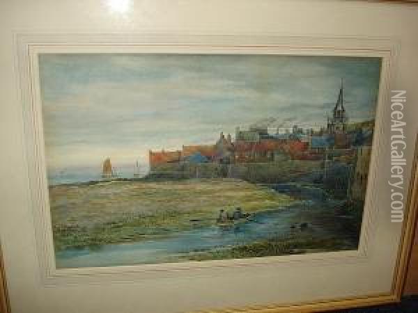 Old Stonehaven Oil Painting - Alfred Woolnoth