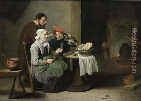 A Peasant Woman And A Young Man 
Eating And Drinking At A Table, With A Man Standing Behind, Other 
Figures Near A Fireplace In The Background Oil Painting - Matheus van Helmont