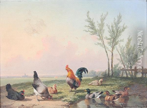 Cockerel And Chickens In A Landscape Oil Painting - Cornelis van Leemputten