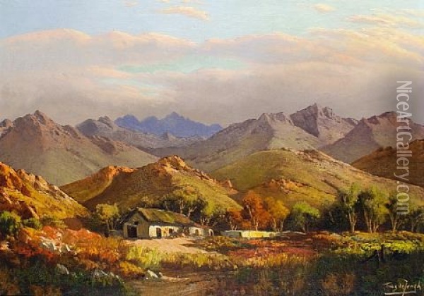 A Farmstead In A Mountain Landscape Oil Painting - Tinus de Jongh