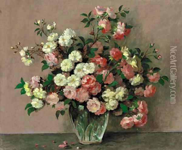 Pink And White Roses In A Vase On A Table Oil Painting - Alexandre Gabriel Decamps