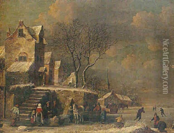 A Winter Landscape With Sledges And Figures Skating On A Frozen River Oil Painting - Thomas Heeremans