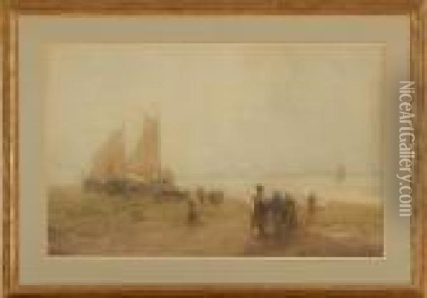 Dutch Coastal Scene With Figures And Sailboats Oil Painting - John Terris