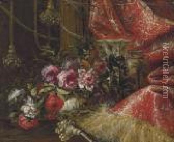 Roses In A China Bowl With Other
 China Vessels On A Table, Drapedwith A Tasseled And Gold-embroidered 
Red Curtain Oil Painting - Jean-Baptiste Monnoyer
