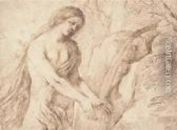 Marie-madeleine Se Lavant Les Mains A Une Source Oil Painting - Guercino