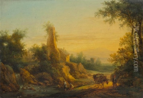 Pair Of Works: Southern River Landscape With Figures Oil Painting - Christian Hilfgott Brand