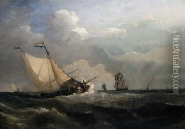 Dutch Fishing Boats In A Swell Oil Painting - Petrus Jan Schotel