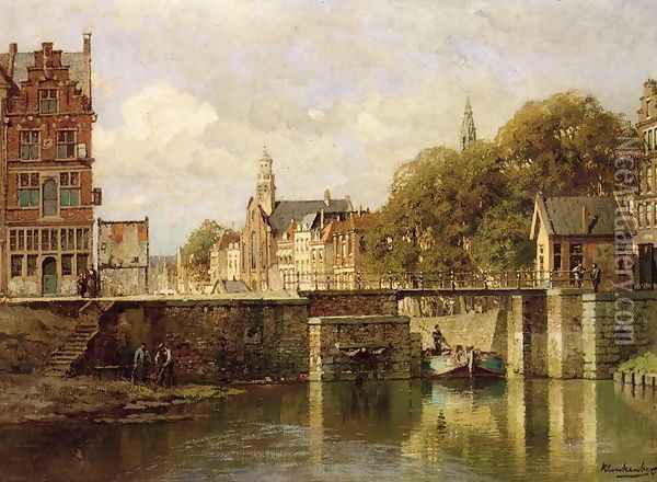 A View of Amsterdam with a Man in a Flat on a Canal, a Church in the Distance Oil Painting - Johannes Christiaan Karel Klinkenberg